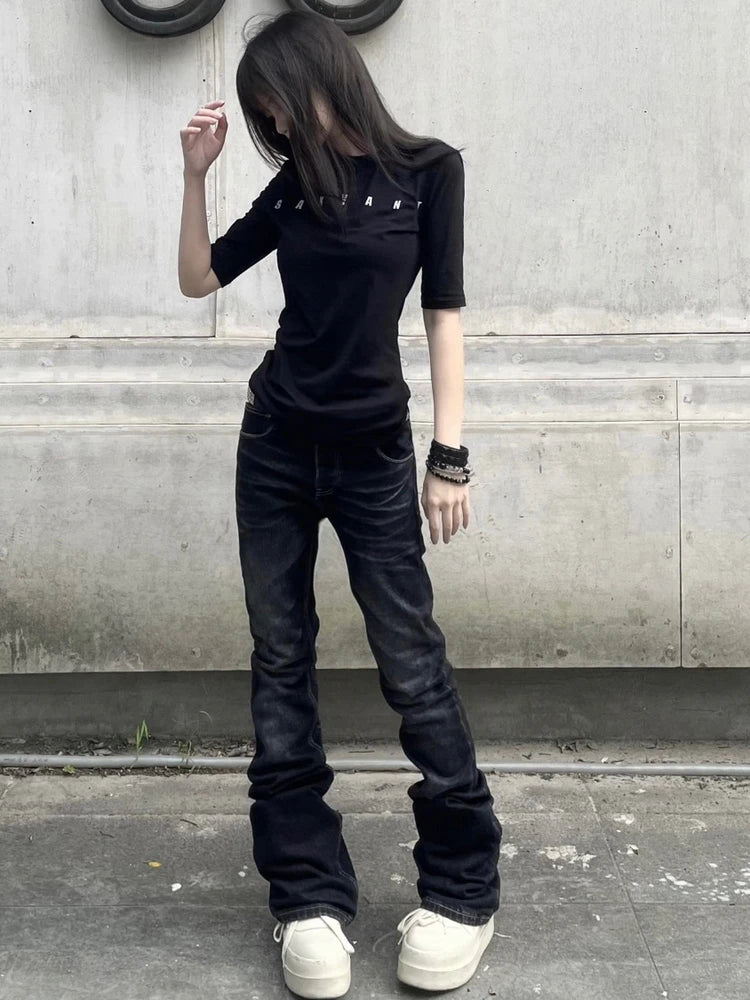 Cleanfit American Style High Street Vibe Distressed Slim Fit Bell Bottom Jeans Men Women Black Grey 517 Denim Pants Autumn