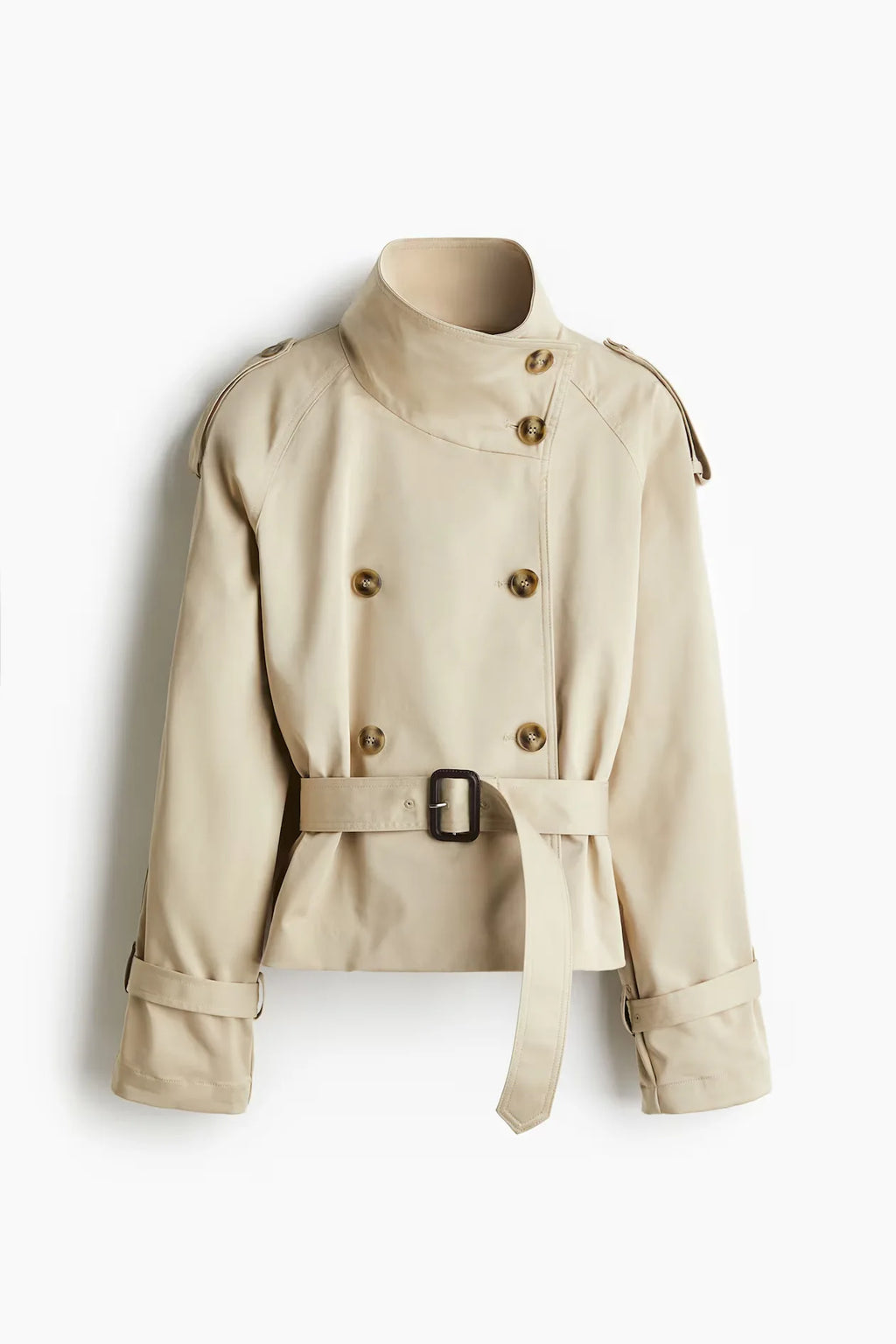 2025 Fashion Double-breasted Design Waist Cropped Trench Coat Jacket Women Elegant High Neck Long Sleeved Lady Commute Outwear