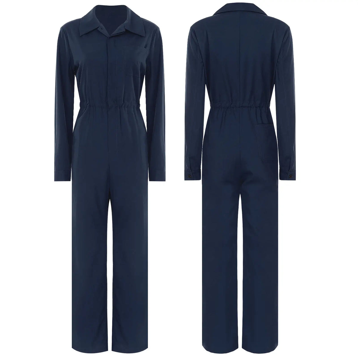 Womens Casual Jumpsuit Coverall Solid Color Long Sleeve Turn-Down Collar Button Flap Romper Fashion Work Travel Holiday Homewear