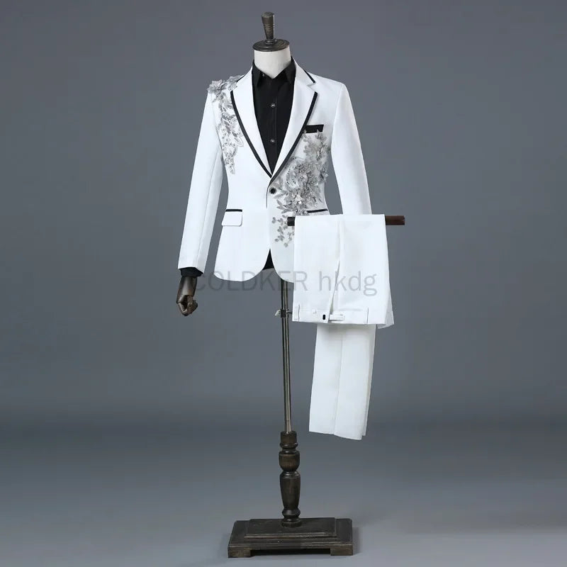 Men's Black Suit with Silver Floral Embroidery 2-Piece Formal Tuxedo Set Stage Performance Wedding Party Blazer and Pants Suit