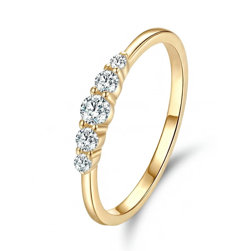 A sterling silver zircon ring for women with a delicate gold band featuring five sparkling clear diamonds set in a graceful curve along its side.