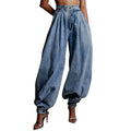 Women Harem Denim Pants Causal High Waist Wide Leg Baggy Solid Color Trousers with Pockets