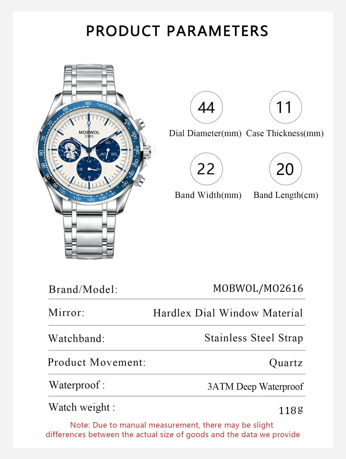 Herren-Silber-Chronograph-Quarzarmbanduhr aus Edelstahl mit weißem Zifferblatt, blauen Akzenten auf der Lünette und den Hilfszifferblättern sowie einem passenden Metallarmband.