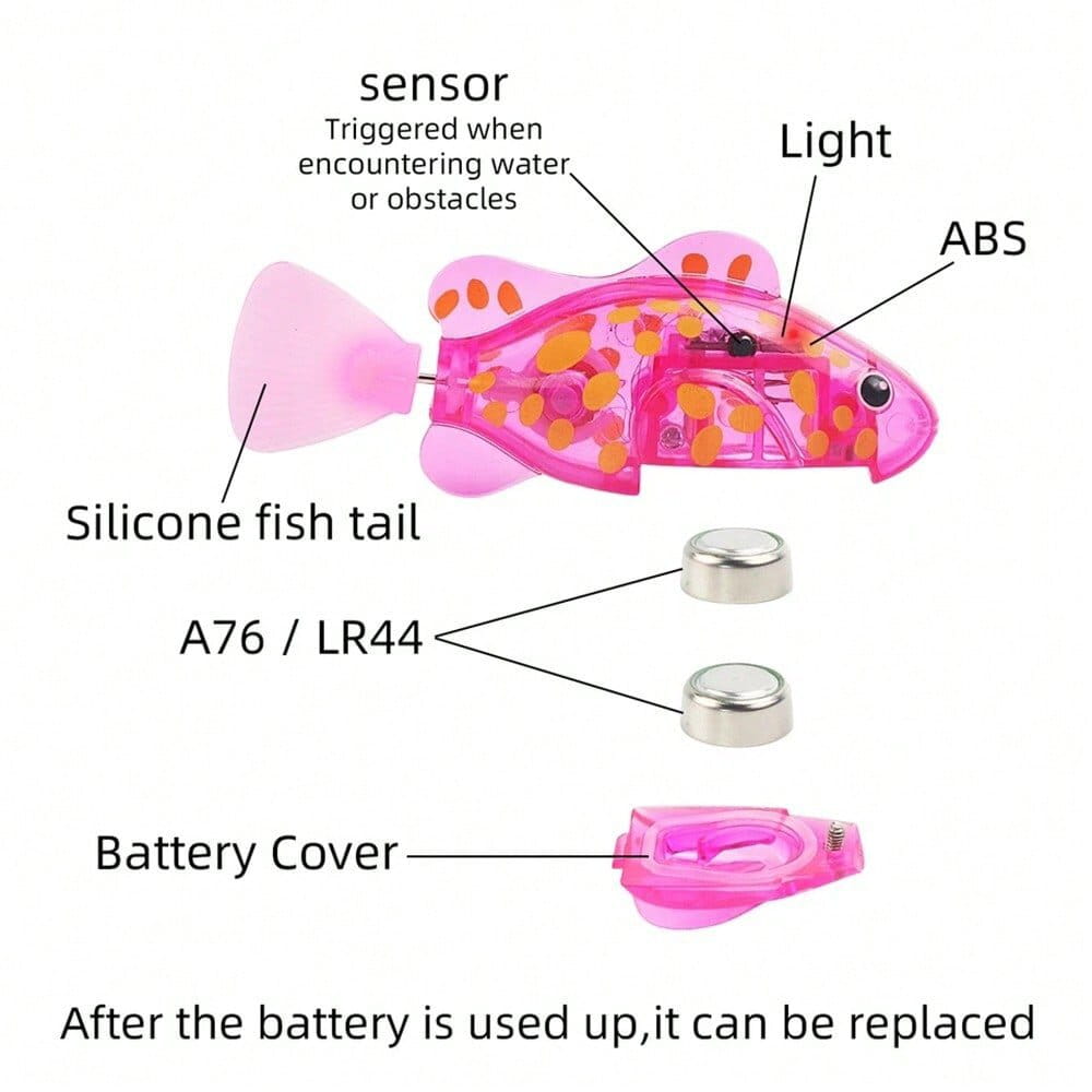 Pink translucent plastic interactive robotic fish cat toy with orange spots, a silicone tail, and an internal sensor and light system designed as a toys type for pets.