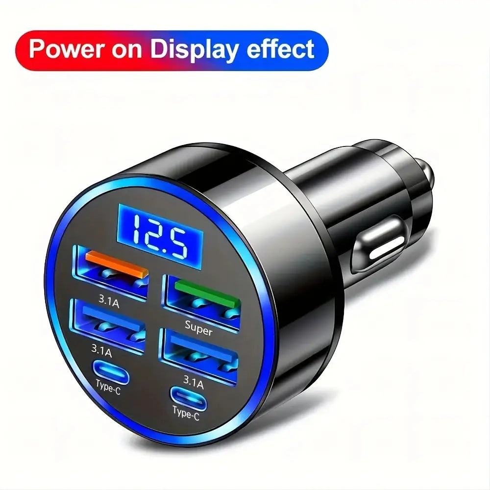 Black 6 port fast car charger with led display showing 12.5v featuring four usb ports including two type c and one super fast charging port.