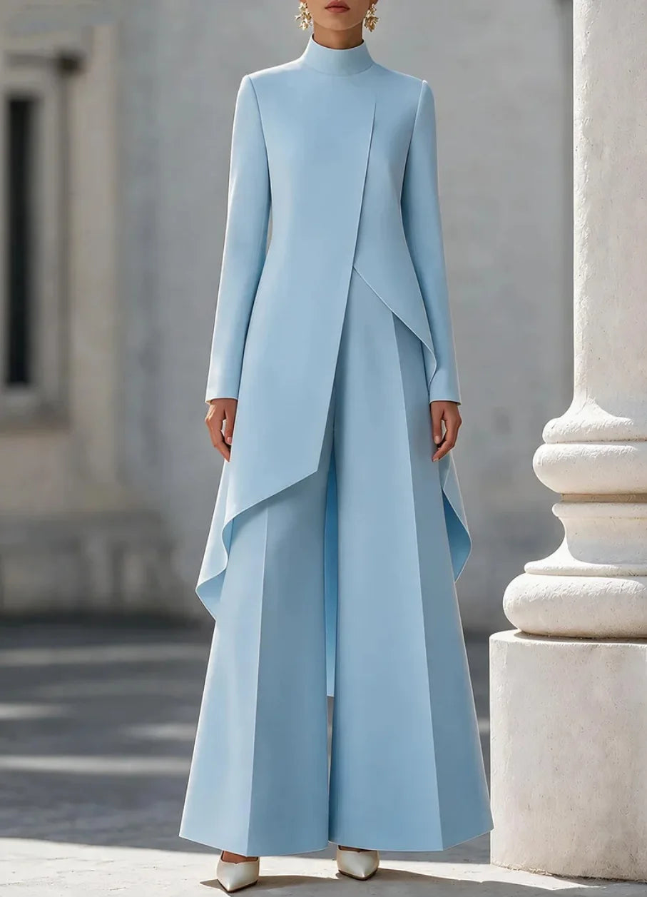 Women Two Piece Outfit Mock Neck Long Sleeve Irregular Asymmetrical Hem Top High Waist Wide Leg Pants Formal Suit Set