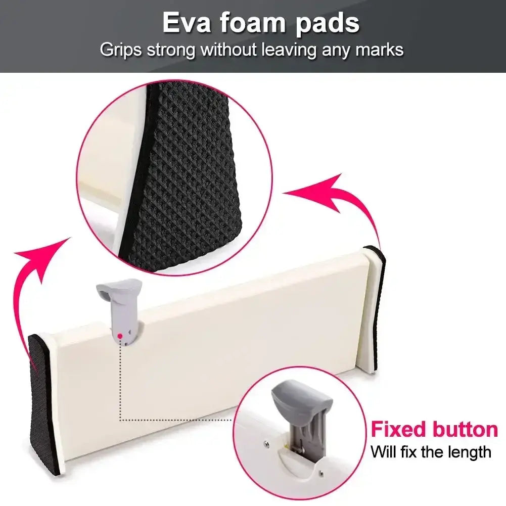 adjustable plastic drawer divider made of white eva foam pads with black textured grips and gray fixed buttons for adjustable length in storage partition design