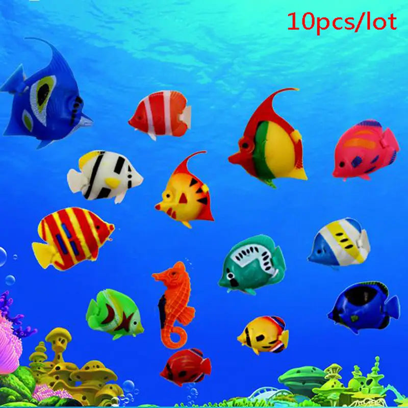 a set of colorful plastic floating fish and a seahorse designed as aquarium fish decorations in a 10 pack for moving floating fish displays