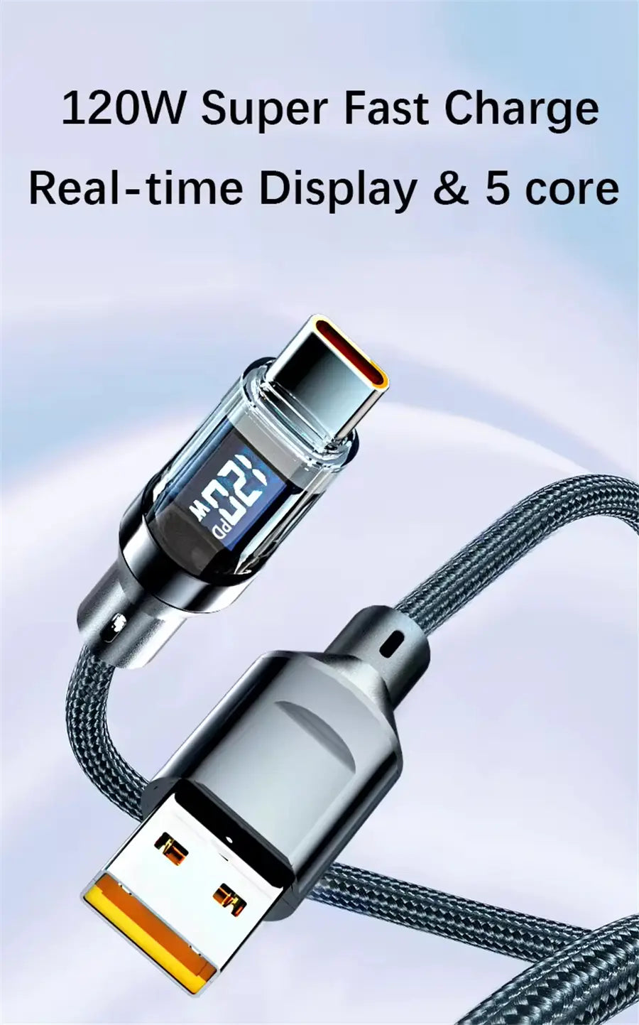 A sleek black braided 120w fast charging usb-a to type-c cable with an integrated digital display showing real-time charge power.