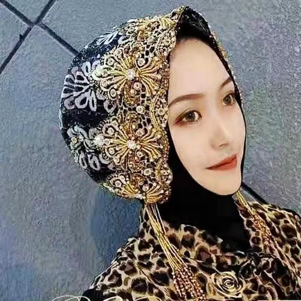 Heavy‑duty draped tassel high‑end turban hat, stretchy, non‑tight‑fitting, adult women’s headwear for outdoor wear