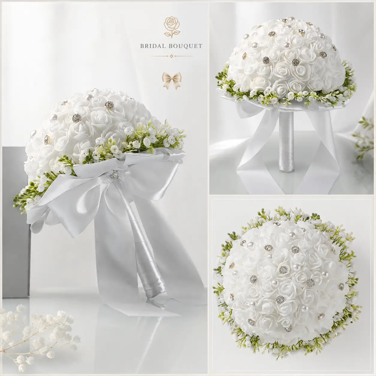 Un élégant bouquet de mariée blanc composé de perles et de strass étincelants, agrémenté d’une verdure délicate et noué avec un ruban de satin.