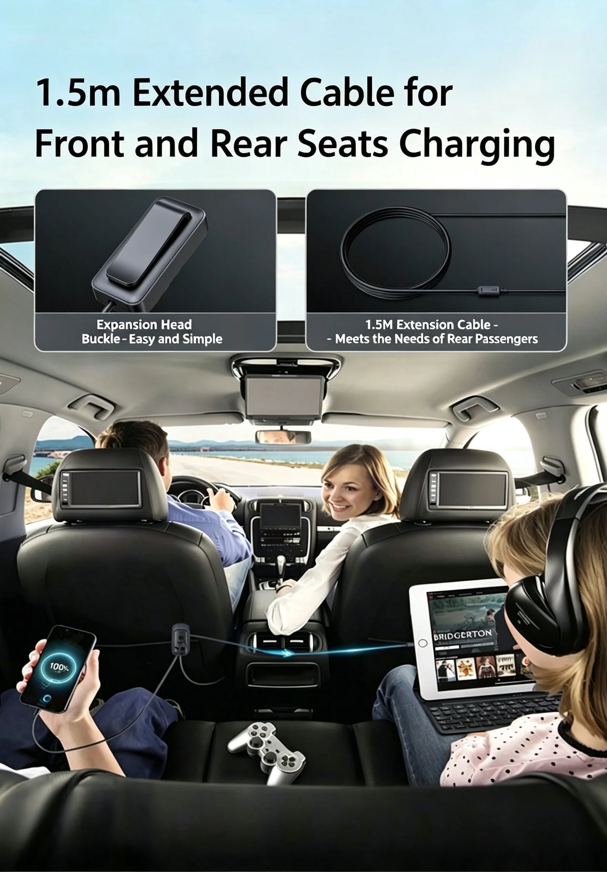 Front and Rear Chargers, Car Charger, Car Charger with Voltage Display; Super Fast Charging 5-Port Car Adapter; 120W Total Output, 3 USB C Outputs & 2 Type-C Outputs; Supports Super Fast Charging; Ambient Lighting Effect; 1.5