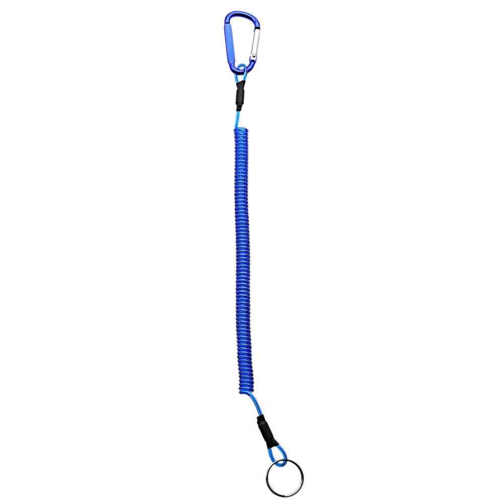 Blue retractable coiled spring anti-lost safety lanyard keychain with carabiner clip and key ring for secure attachment.