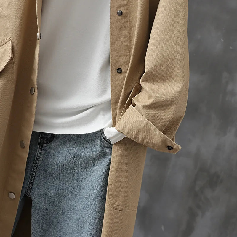 Long Trench Women Solid Round Neck Single Breasted Jackets Full Sleeve Casual Loose Pockets Coats Cardigan Lady Spring Autumn