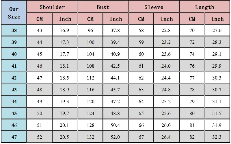 Size chart for men’s cotton oxford slim fit plaid shirt showing measurements in centimeters and inches for shoulder bust sleeve and length.