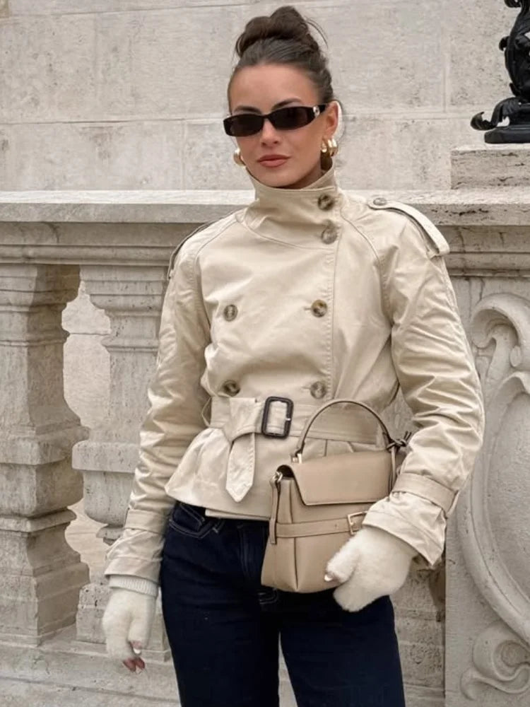 Double Breasted Trench Coat With Belts Women Elegant Stand Collar Long Sleeve Jacket Office Lady Windbreaker Street Tops