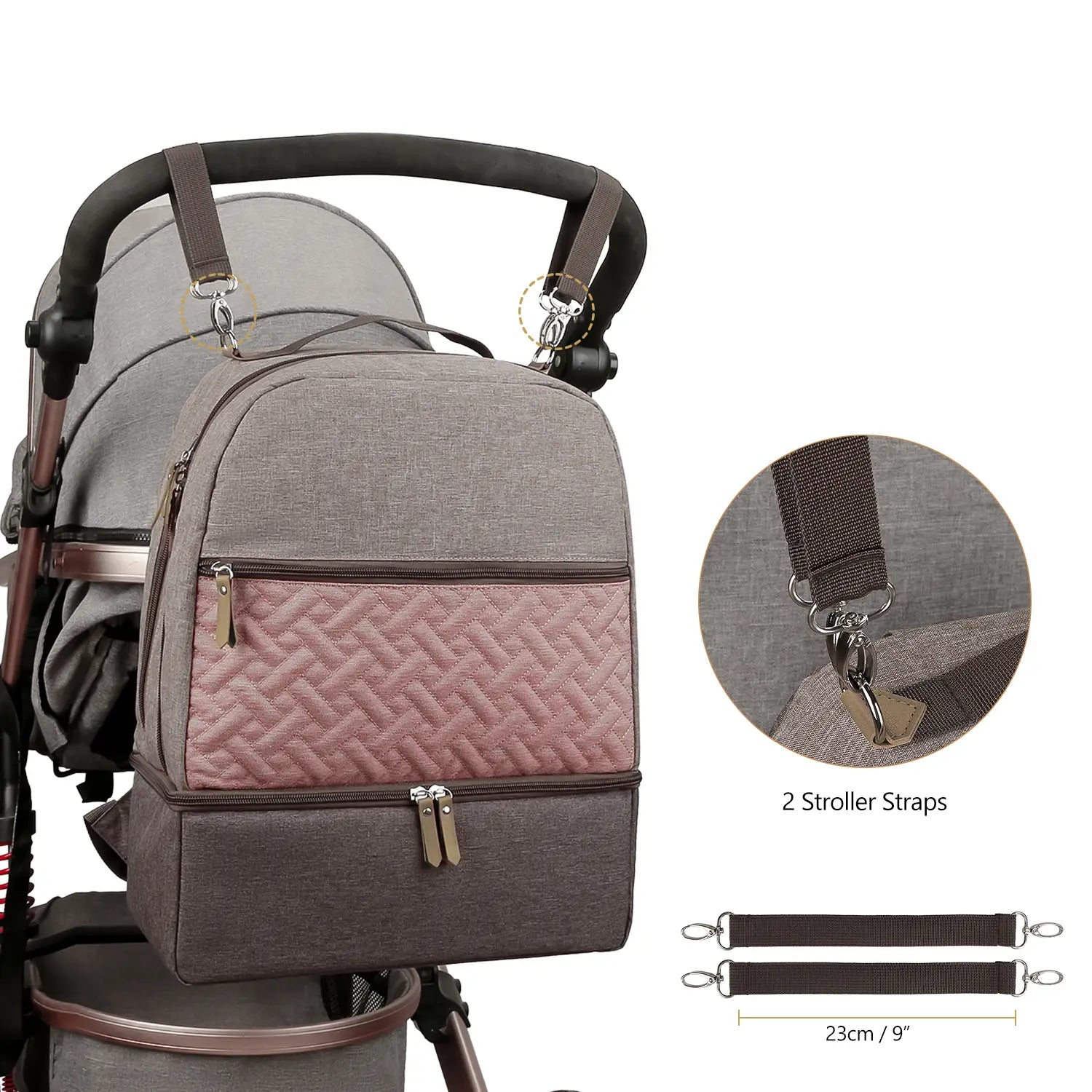 Isolierter grauer und rosa gesteppter Baby-Windelrucksack mit braunen Trägern, der die Rückseite der Kinderwagen-Tasche zeigt.