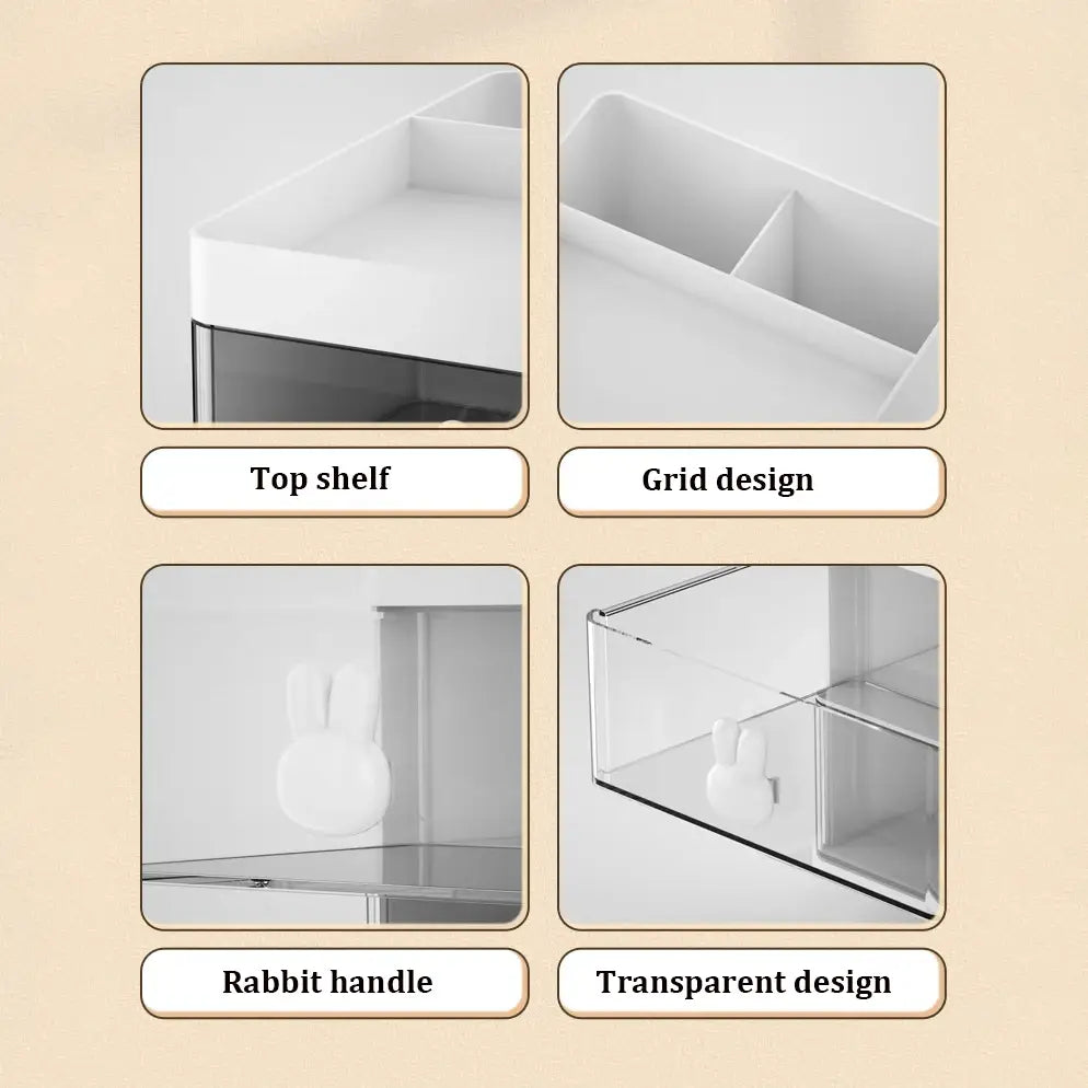 Organisateur de bureau en acrylique transparent avec des tiroirs et des poignées en forme de lapin blanc, comprenant des compartiments en grille pour les fournitures de bureau.