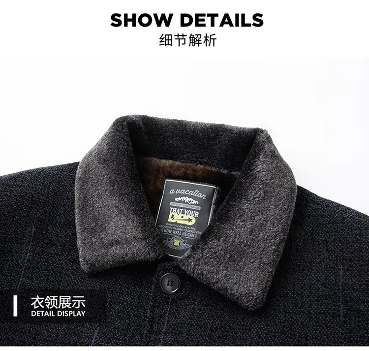 Abrigo tipo gabardina de mezcla de lana para hombre con cuello de piel de invierno, en gris oscuro, con cuello forrado con lana polar esponjosa y botón negro en el escote.