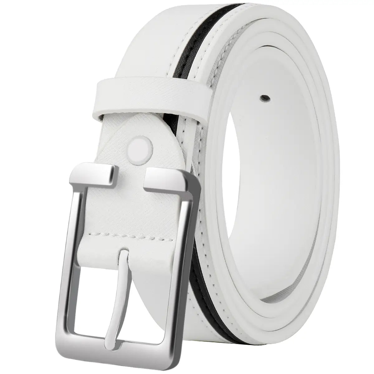 Men leather belt white braided contrast stripe featuring a white leather belt with a silver-toned buckle and black stitching along the edge.