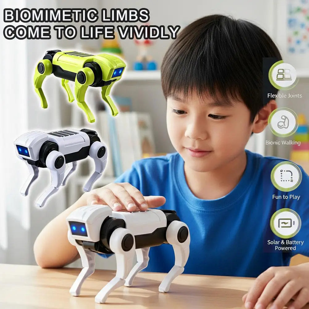 White and black mechanical dog with blue LED eyes and solar-powered design as an electronic pet DIY robot kit.