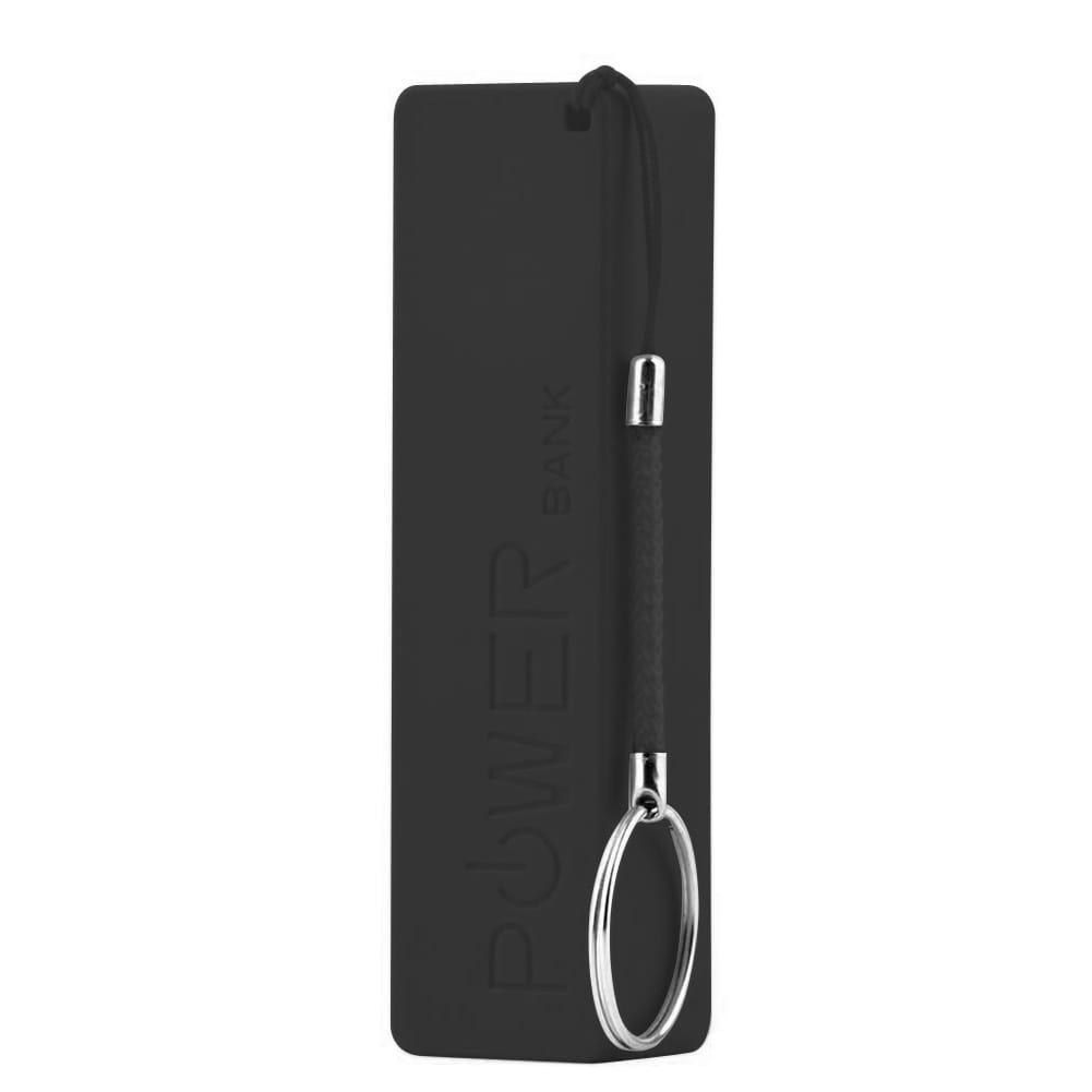 Black rectangular portable power bank for 18650 battery with micro usb, featuring a silver keychain loop and black cord for easy carrying.