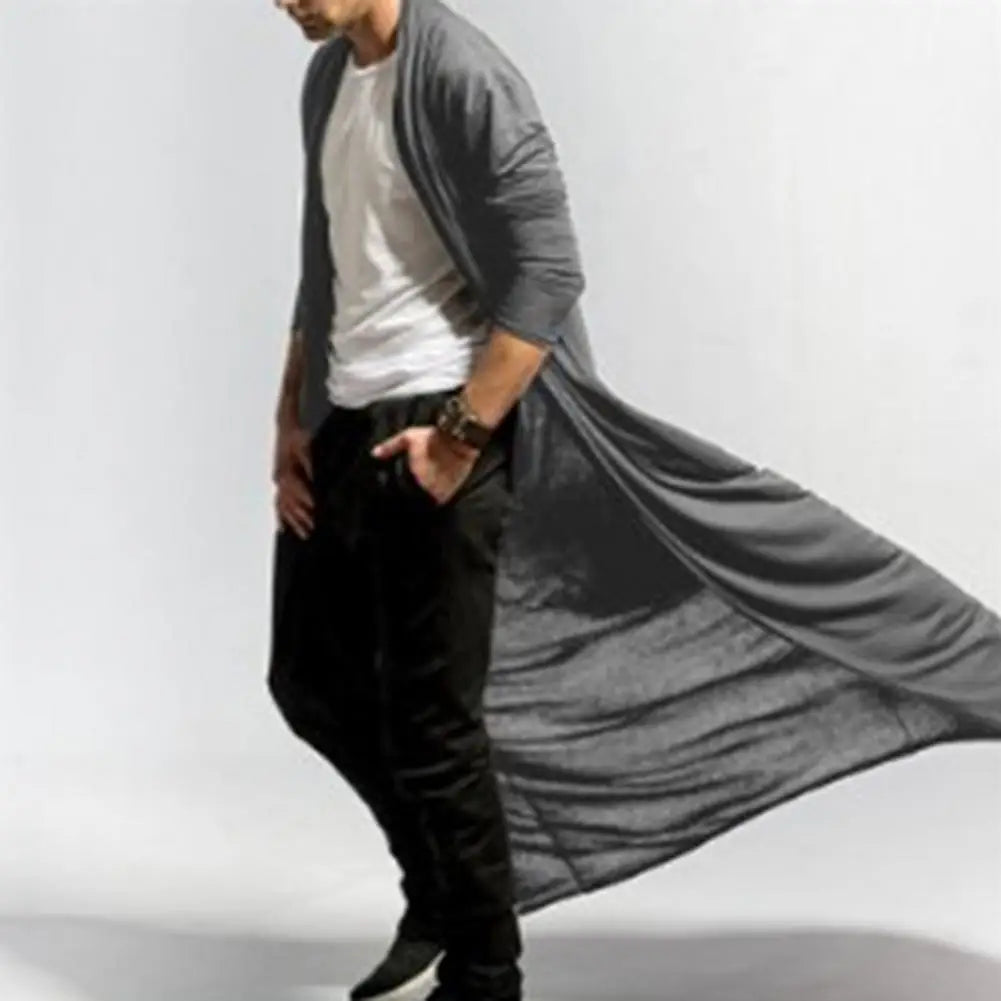Mens Long Trench Coat Solid Color Long Windbreaker Coat Solid Color Open Front Ankle-Length Men Jacket Cardigan Autumn Outerwear
