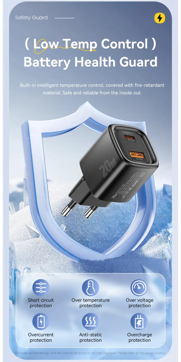 Essager 20w usb c fast wall charger in black with dual ports and safety guard features for efficient and secure charging.