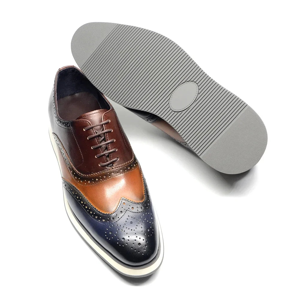 Men's Dress Sneakers Genuine Leather Italian Full Grain Cowhide Wingtip Brogue Oxfords Business Casual Formal Shoes Brown / Blue