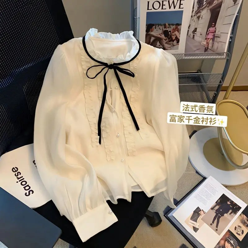 French Chic Design Shirts Lace Bow Tie Women Blouses High-end Spring Autumn Long Sleeve Tops Single-breasted Office Lady Shirt