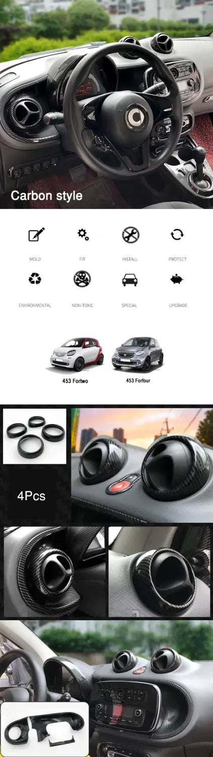 スマート フォーツー 453モデル車用に設計されたブラックカーボンファイバースタイルのエアベントトリムキットカバー。