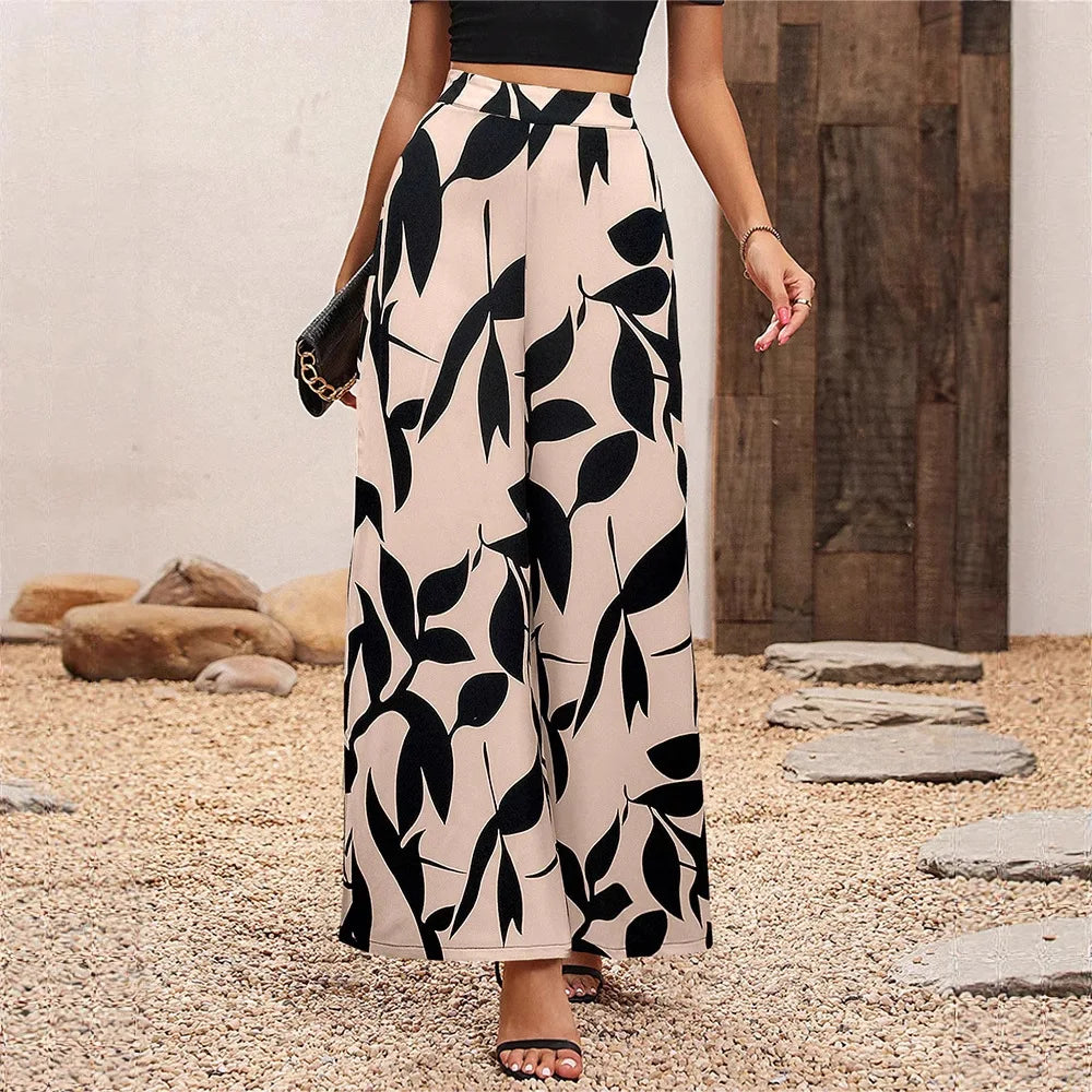 Women High Waist Wide Leg Pants Boho Floral Print Loose Summer Beach Vacation Resort Casual Palazzo Trousers