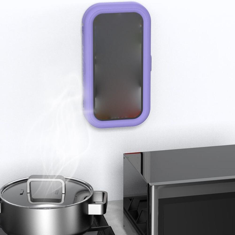 Purple silicone waterproof case with rounded edges and black screen for 360 degree rotating shower phone holder