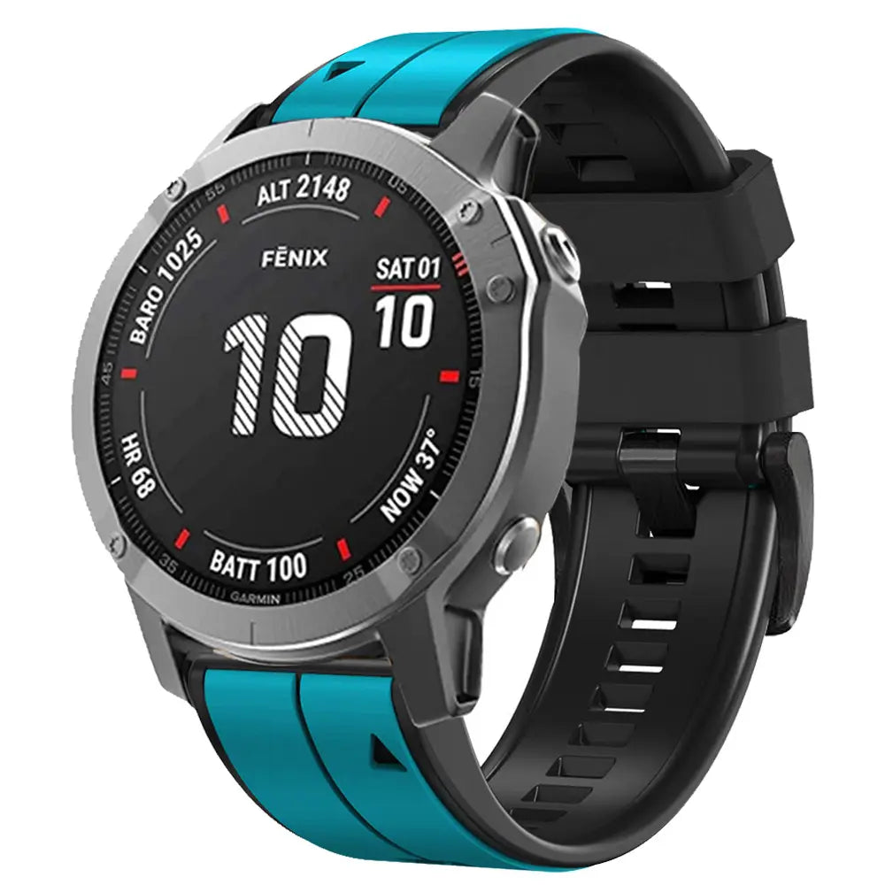 Eine elegante Garmin Fenix Smartwatch mit robustem Metallgehäuse und schwarzem sowie türkisfarbenem Silikonarmband, die Fitnessmesswerte auf dem digitalen Display anzeigt.