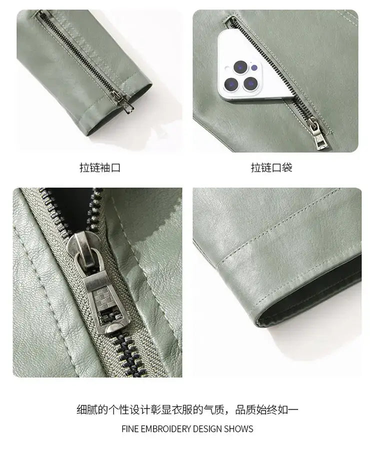Men’s light green faux leather moto jacket with silver zippers and a subtle textured finish.