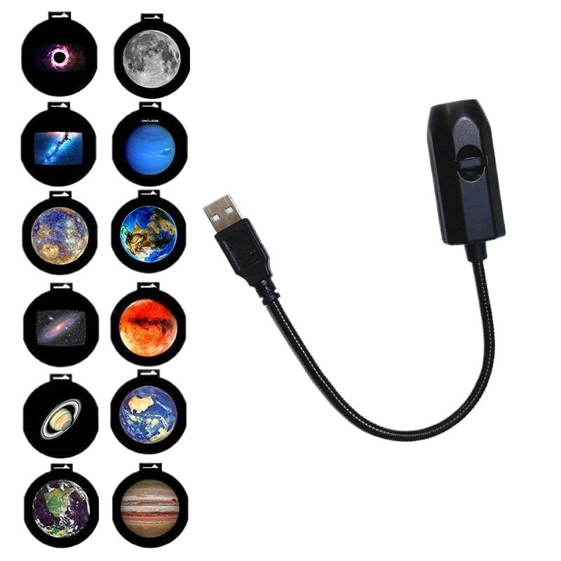 lampe de projection noire alimentée par USB avec câble flexible et capots de lentilles circulaires interchangeables affichant divers corps célestes, conçue comme veilleuse pour la projection de galaxie de ciel étoilé