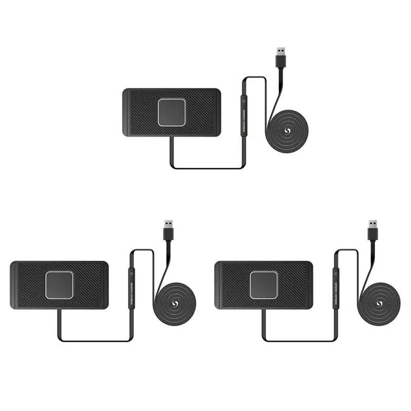 black 15w fast wireless car charger pad with textured surface and integrated usb cable for convenient in-car charging.