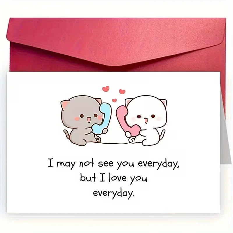 Valentine's Day Card with Envelope, Cute Kitten on Phone, 'I Love You Every Day' Card, for Couples, Anniversaries, Birthdays