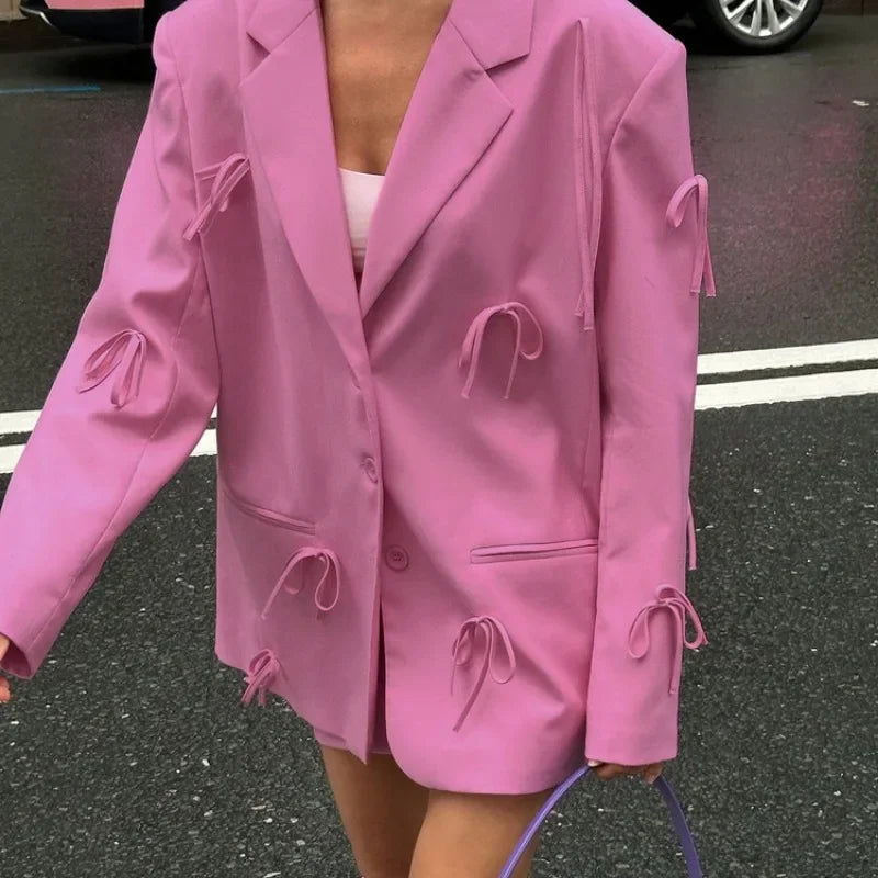 Elegant Women Suit Blazer Top Y2K Fashion INS Autumn Pink Bow Long Sleeve Single Breasted Pocket Jacket Coat Streetwear Outwear