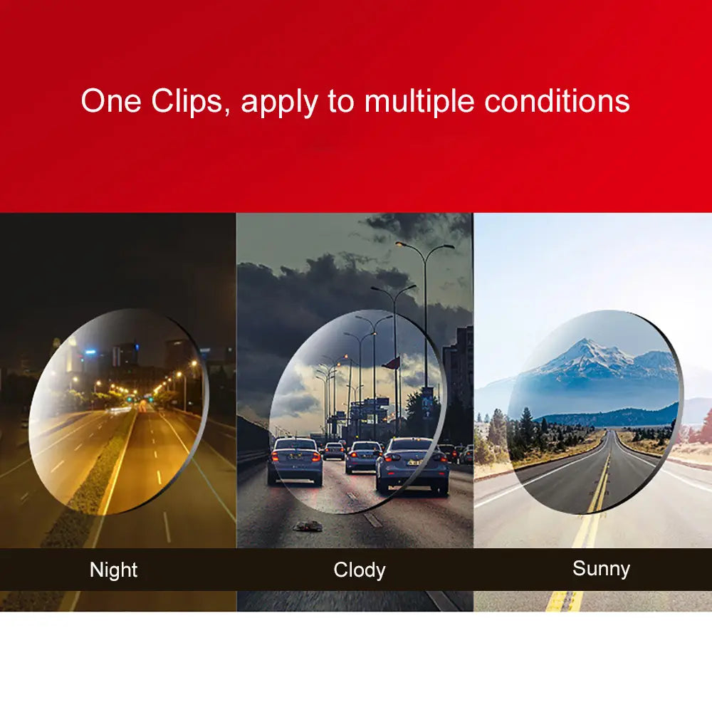 adaptive lens clip for polarized clip on night vision sunglasses featuring a sleek circular design with clear optical clarity for versatile driving conditions in night, cloudy, and sunny environments