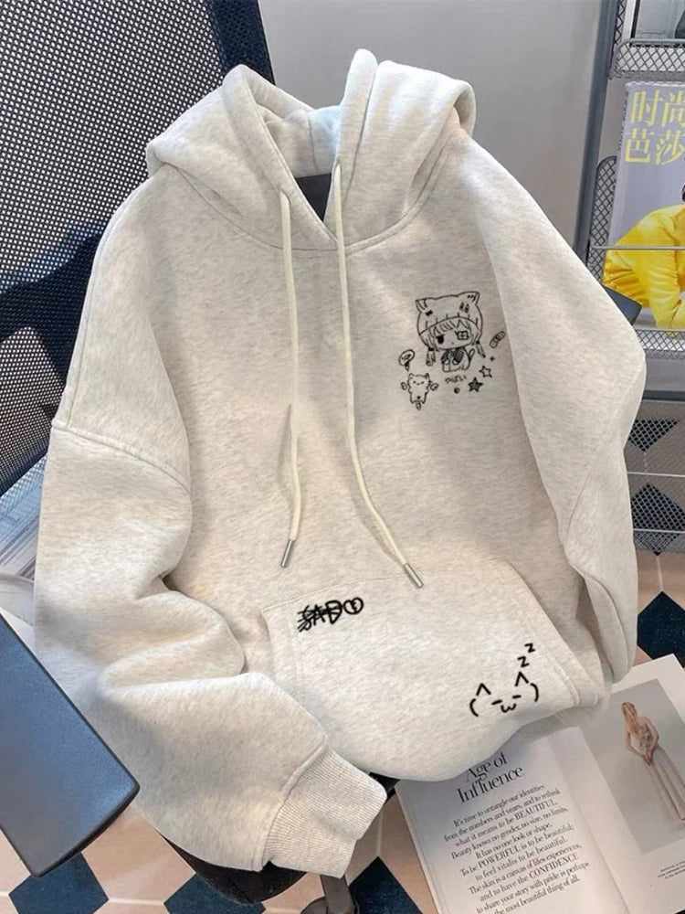 Cartoon Kawaii Hoodies Women Thick Warm Long Sleeve Loose Cute Sweatshirts Fall Winter Preppy Style Pockets Harajuku Female Tops