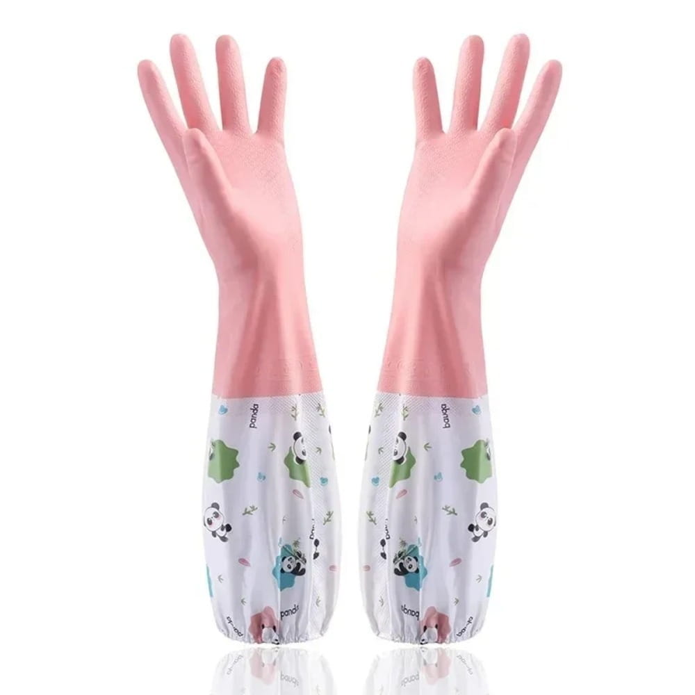 Pink waterproof cleaning gloves made of rubber with white cuffs featuring panda and leaf patterns.