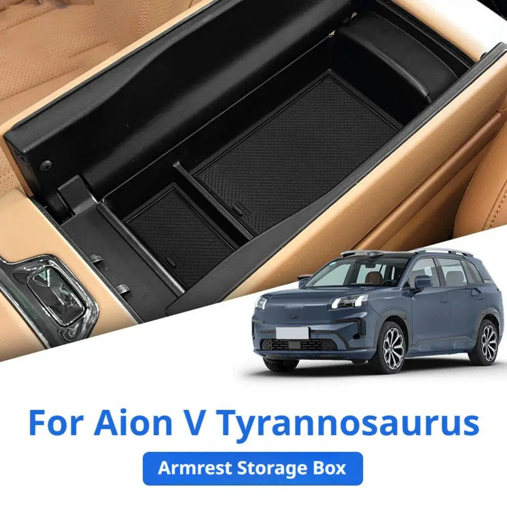 Schwarze Ablagebox für die Armlehne mit strukturierten Fächern und modernem, elegantem Design für das Organizer-Tablett der Aion V Tyrannosaurus Auto-Mittelkonsole, Aufbewahrungsbox aus ABS