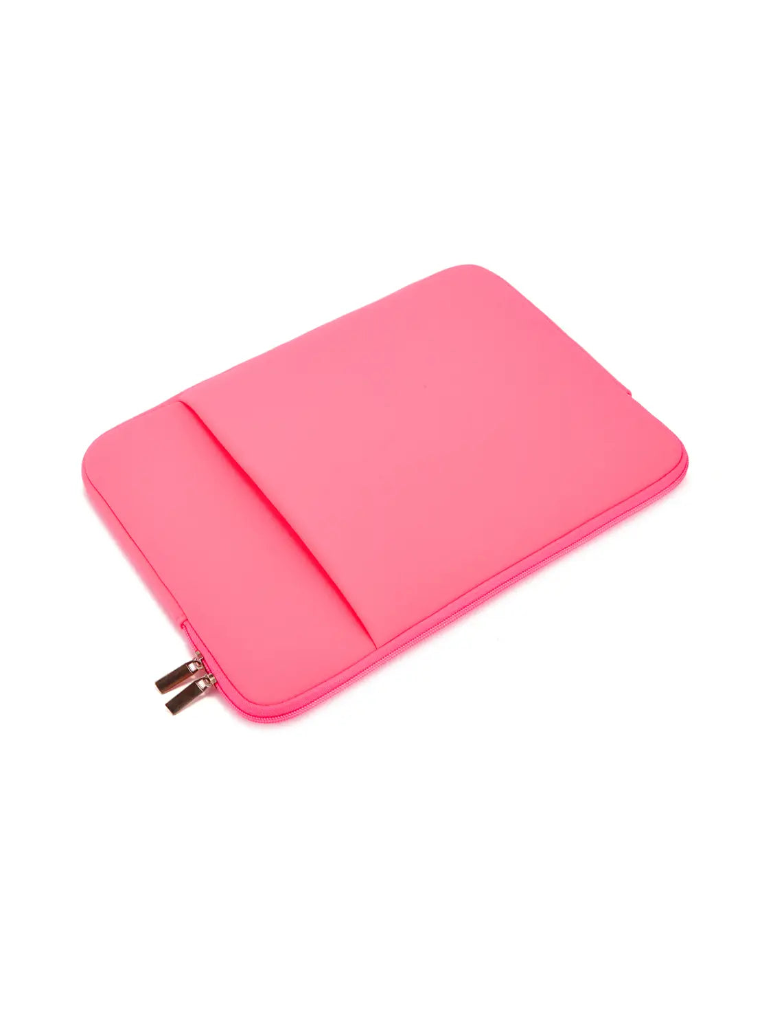 Leuchtend pinkfarbene Neopren-Multifunktions-Laptoptasche mit einem vorderen Reißverschlussfach und metallischen Reißverschluss-Zügen, geeignet für Laptops von 11 bis 17 Zoll.