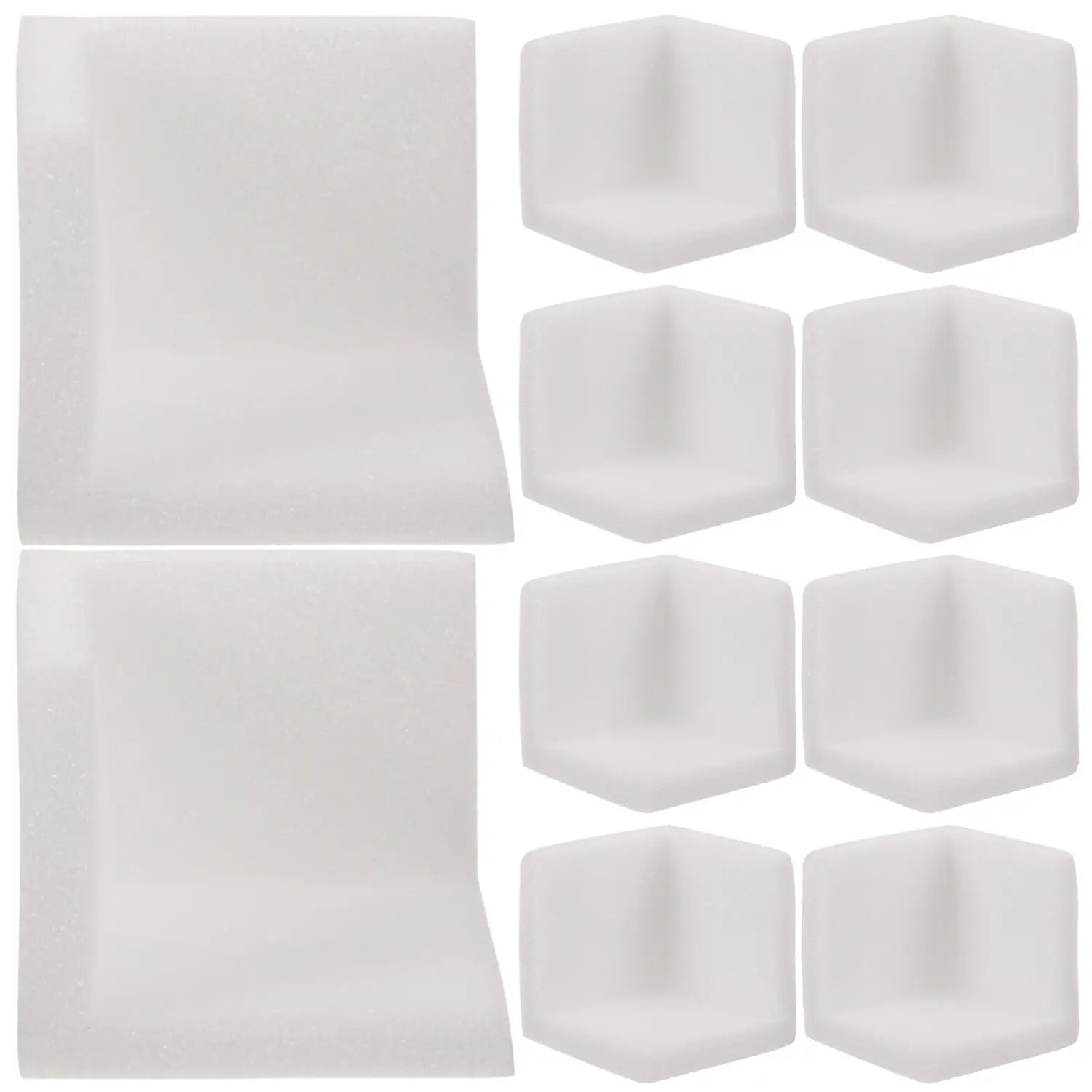 weiße Schaumstoff-Eckschutzvorrichtungen in einem 10er-Pack mit weichem und flexiblem Material, mit eckigen und sechseckigen Designs, vielseitig einsetzbar als Tischeckschutz.