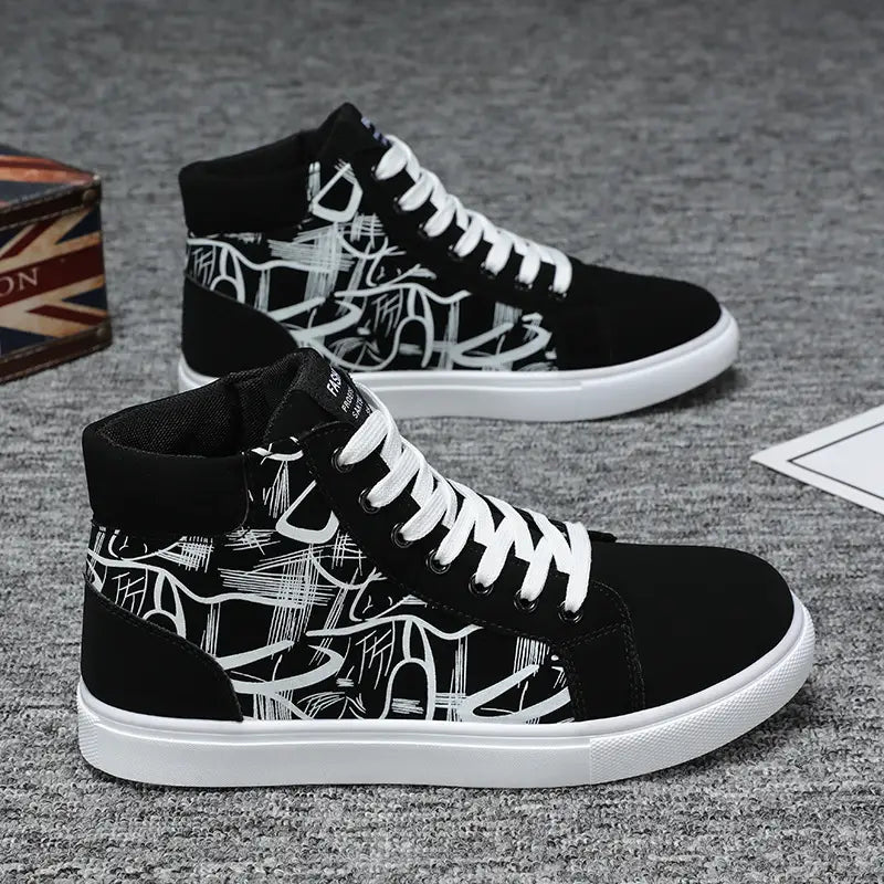Men orthopedic slip-on walking shoes featuring black high-top sneakers with white graffiti-style graphics and matching white laces.