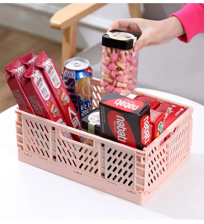 pink plastic foldable storage basket with lattice design for versatile foldable storage and organization