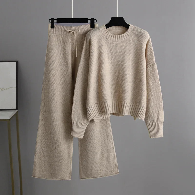 Winter Thick Knitted 2 Piece Sets Women Half Turtleneck Knitwears Sweater Loose Pullover Tops High Waist Wide-leg Pants Outfit
