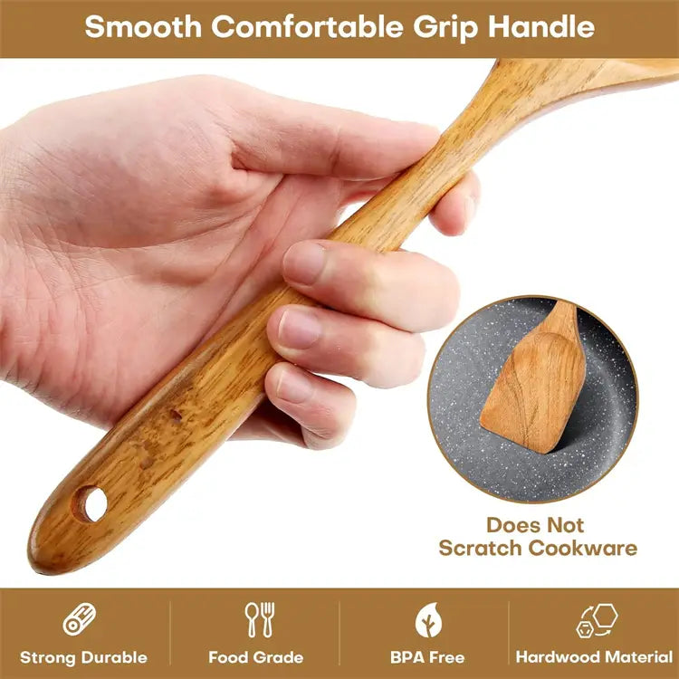 Wooden spatula with a smooth ergonomic handle and rounded head from the wooden kitchen utensil set natural wood cooking tools for gentle food handling.