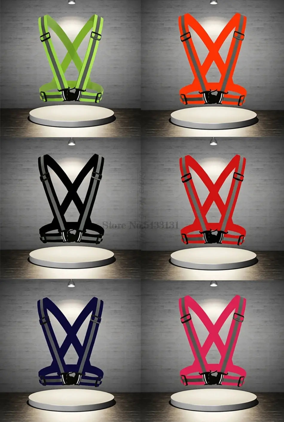 reflective motorcycle safety vest adjustable gear in neon green orange black red navy blue and pink with adjustable straps and central buckle for enhanced visibility and fit.